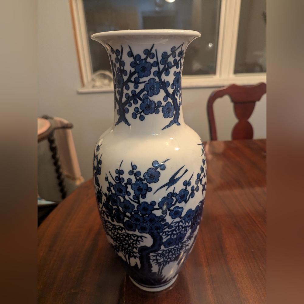 Vtg Japanese Blue and White Cherry Blossom Vase 14" tall Made in Japan